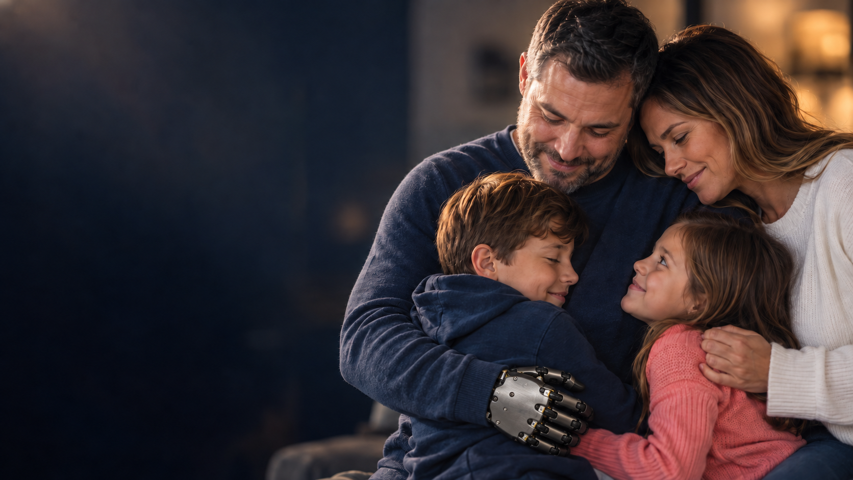 Conceptual illustration of a family sharing an embrace, with a prosthetic hand resting around the child