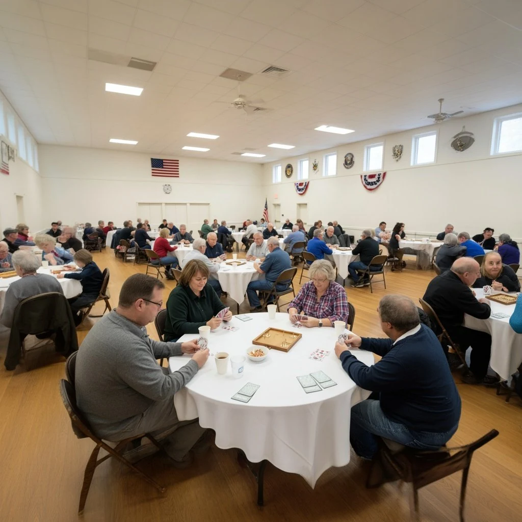 People gathering around tables and sharing time together in a veteran community hall
