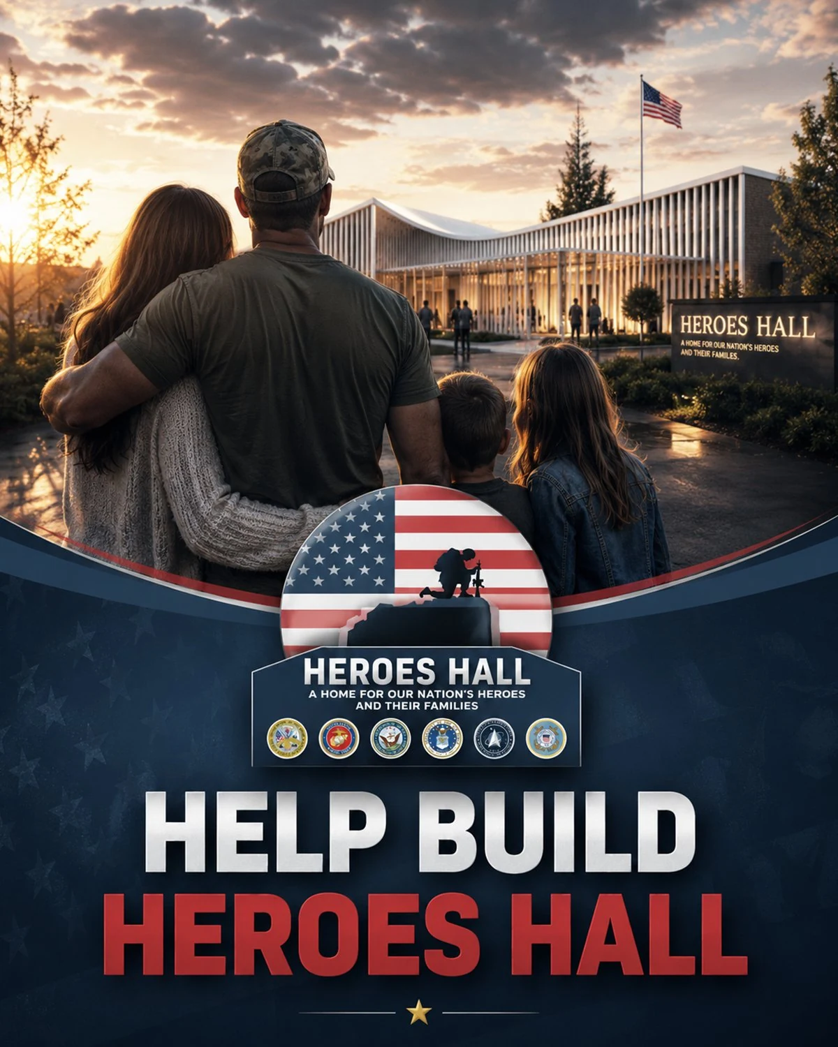 Illustrated vision of a military family looking toward a future Heroes Hall
